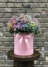 Цветочная композиция из Гипсофила и Розы в шляпной коробке в Евсеево