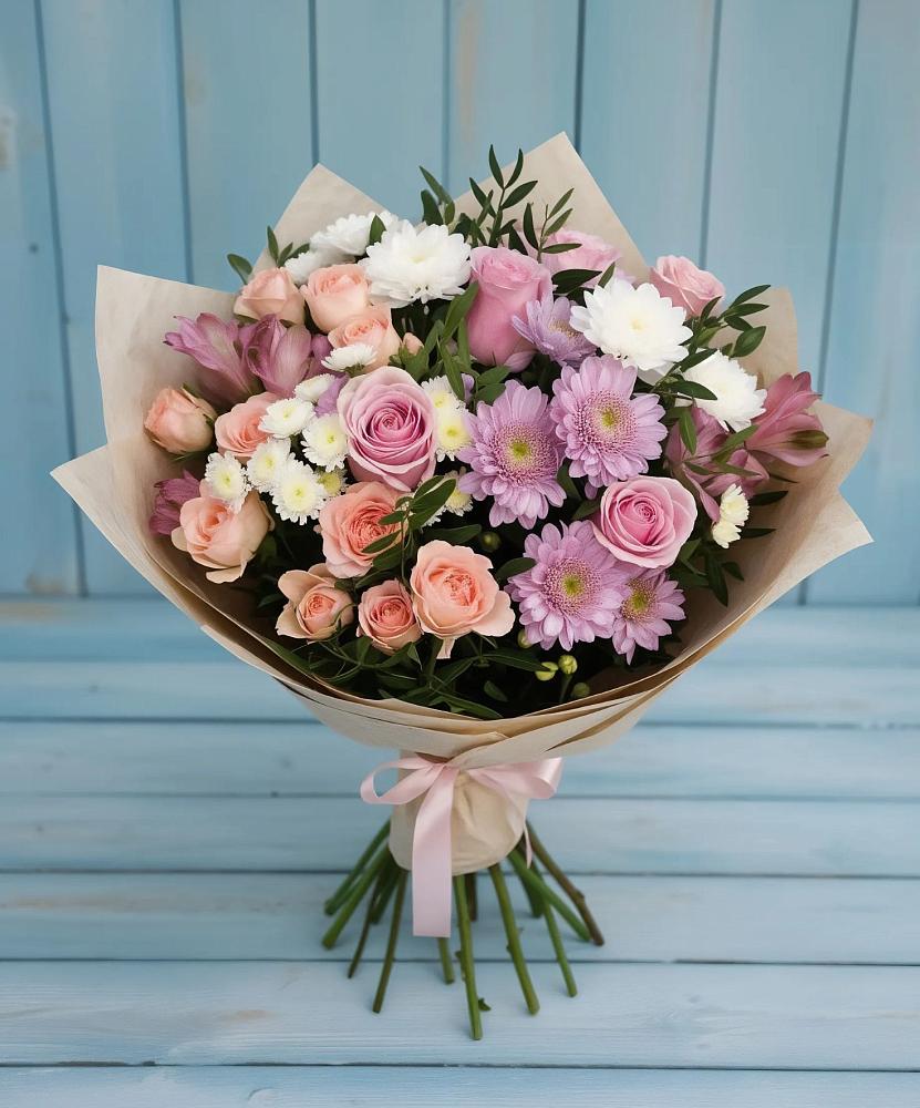 Букет цветов из: Хризантемы, Розы и Альстромерии в Евсеево