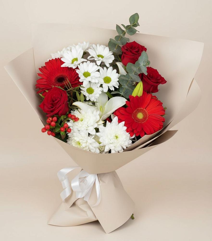 Букет цветов из: Розы, Хризантемы, Герберы и Лилии в Евсеево